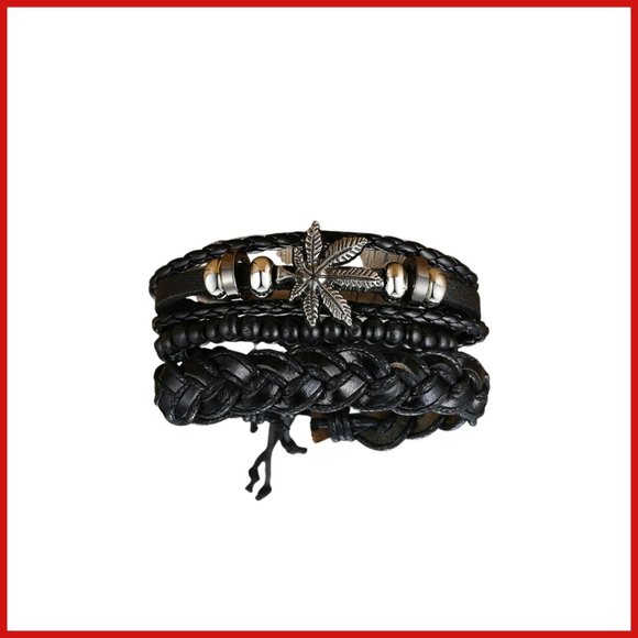 3 PC SET SILVER AND GUN METAL LEAF HANDMADE ADJUSTABLE WRISTBAND BLACK NWT - Picture 5 of 5